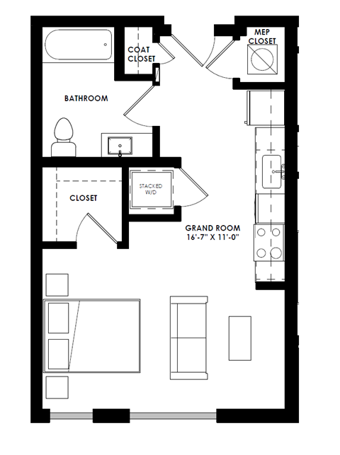 Floor plan for studio, 1 bath, 525 sqft